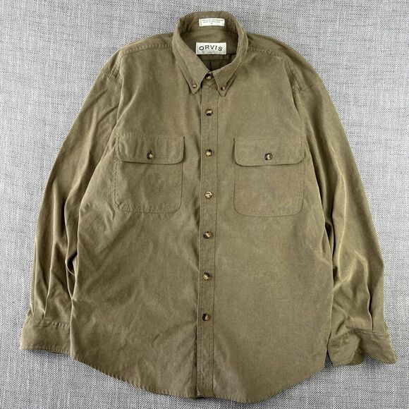 Vtg 90s Orvis LS Button Down Shirt M-L Green Khaki Safari Fly Fishing Hunting - Picture 1 of 13